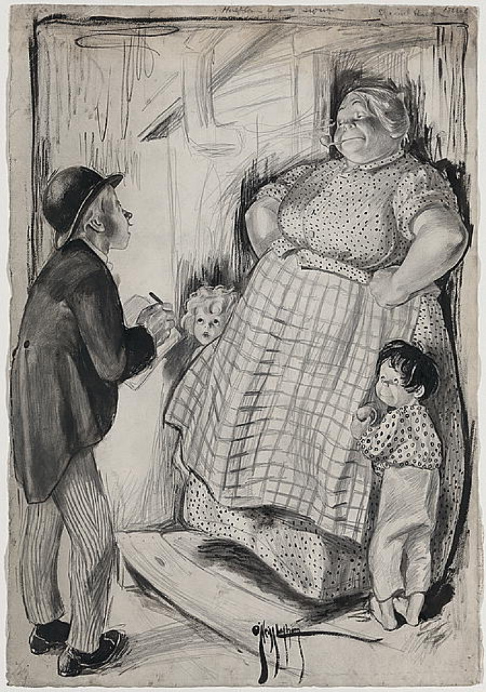 Illustration shows a frightened young man taking notes, standing before a large overbearing woman, smoking a pipe, standing in a doorway with her hands on her hips and two small children at her side. The caption reads, "Census Man -- What is your husband's full name? Mrs. Grogan -- Shure, whin he's full he thinks ut's Jim Jeffries 'till he gits home!" Jim Jeffries was world heavyweight boxing champion from 1899 to 1905. Rose O'Neill was an author and illustrator, but was best known for her creation of the Kewpie Doll. While married to Gray Latham, she signed her work O'Neill-Latham.